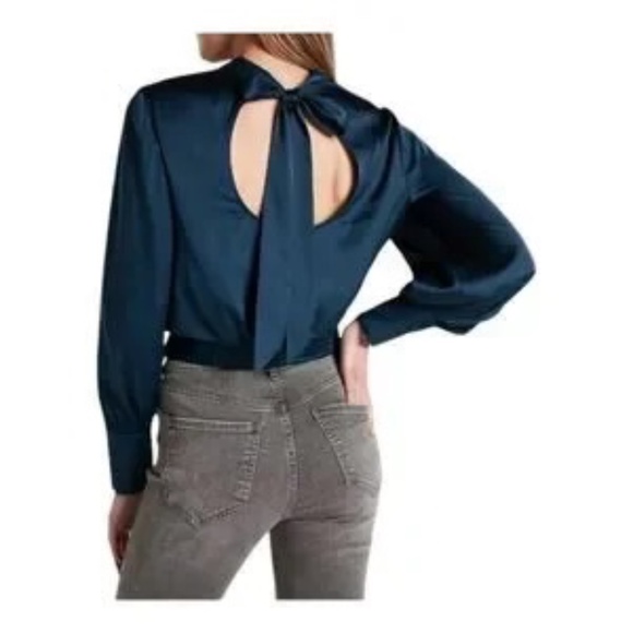 Express Long Sleeve Mock Neck Satin Blouse Open Tie Back Size Medium Rhinestone - Picture 7 of 12